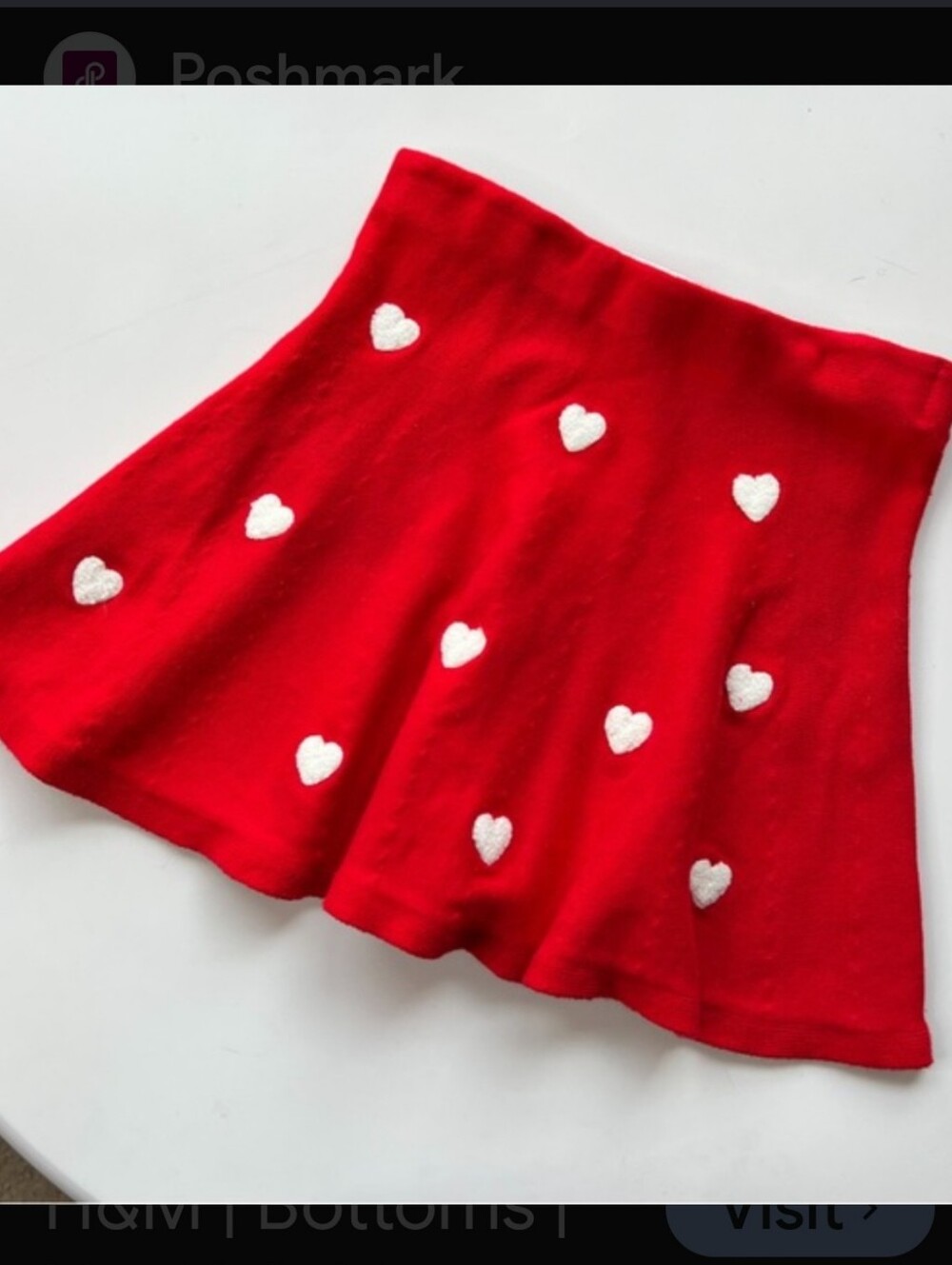 H&M Red Knit Skater Skirt with White Heart Embroidery